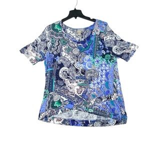 Chico's Paisley Patchwork Tee Womens 3/U.S. XL Asymmetrical Hem Crew Neck Boho